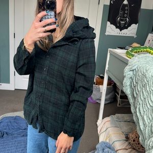 Plaid flannel button down with hood